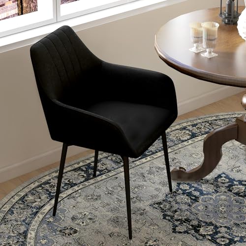 HOMCOM Dining Chairs Set of 2, Upholstered Kitchen Chairs, Linen Fabric Accent Arm Chairs with Metal Legs, Black
