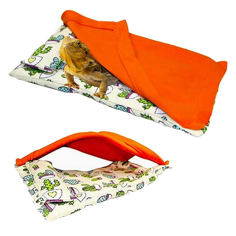 CQJ Bearded Dragon Hammock Sleeping Bag Set- Hanging Pet Bed with Pillow and Blanket Hideout Habitat with Soft Warm for Bearded Dragon Lizard Leopard Gecko and Small Pet Animal (Beige + orange Quilt)