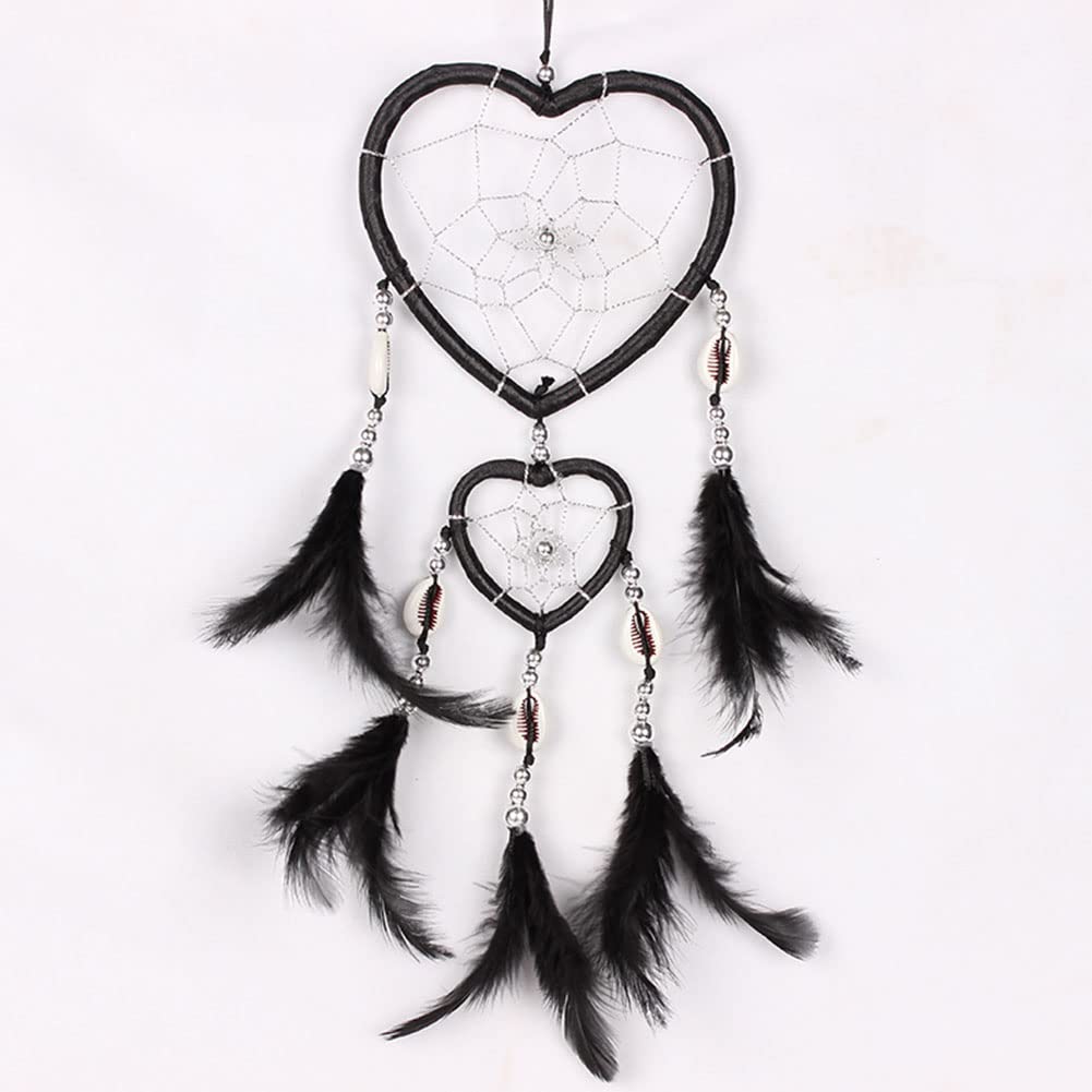 Dream Catcher,Lovely Heart Shape Dreamcatcher with Feathers,15.75inch Double Hearts Black Dream Catcher,Handmade Dreamcatcher,Feather Bead Wall Hanging Woven Wall or Car Ornament