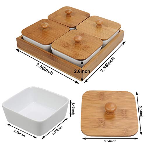 Ceramic Snack Serving Tray, 4-Compartment Tray Serving Platter with Bamboo Lid and Pallets,Moisture-proof Bowls for Food,Snacks,Condiments, Appetizers(White)