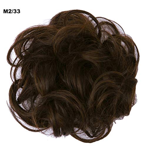 PrettyWit Hair Extensions Wavy Messy Bun Chignons Piece Wig Hairpiece Scrunchy Scrunchie Updo Ribbon Ponytail-Darkest Brown and Dark Auburn M2/33