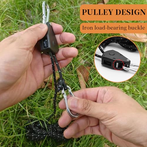 MUYAPAY Set of 4 Ratchet Tensioners, Adjustable Ratchet Rope Retractable Pulley, 4 m Reflective Tent Rope for Attaching a Tent in Full Equipment Essential for Camping Travel Black