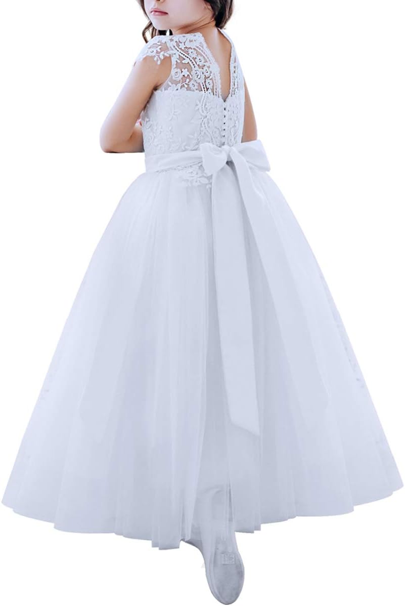 White Flower Girls Dresses Lace Bridesmaid A line Tulle Wedding First Communion Princess Pageant Party Gown 2-13Y