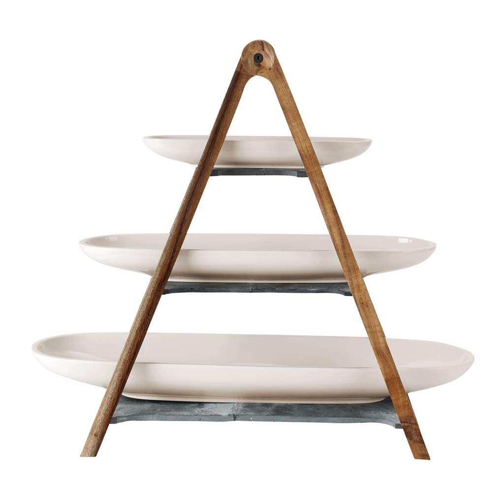 Villeroy & Boch – Artesano Original Cake Stand Large, 3-Tier Etagere 4 Pieces, Dishwasher Safe, Made from Natural Materials, Premium Porcelain/Natural Slate/Wood