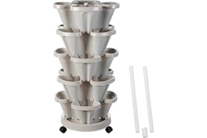 Tectsia Strawberry Vertical Planter GardenTower, 5 Tiered Stackable Planter with Support Pole, Stacking Herb Vegetable Planters Indoor and Outdoor - Light Grey