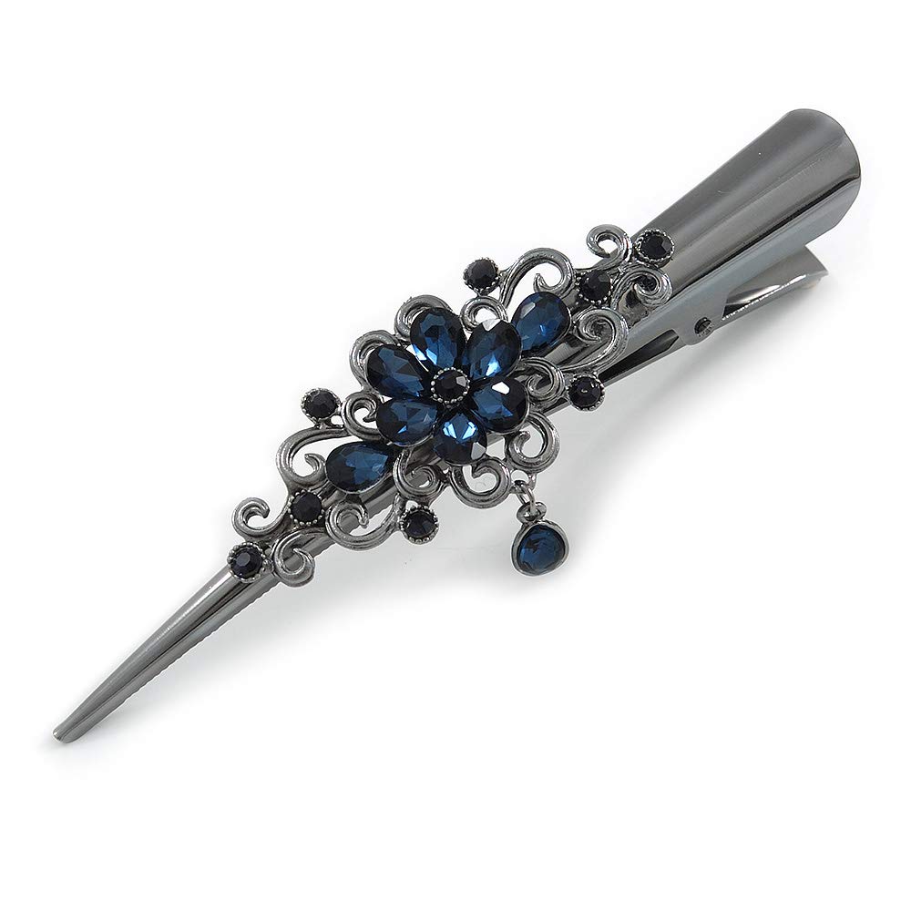 Large Midnight Blue Crystal Flower with Dangle Hair Beak Clip/Concord Clip In Black Tone - 13cm L