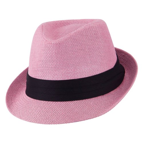 Kid's Paper Straw Black Band Fedora - Pink OSFM