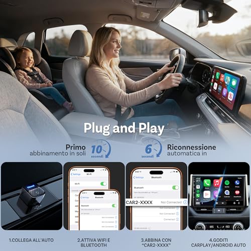 OTTOCAST Mini Core Adattatore Wireless 2 in 1 per CarPlay e Android Auto, Dongle Compatto con Wi-Fi 6 e Bluetooth 5.4, Pulsante Smart Switch, Connessione Automatica