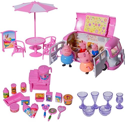 Davinc Mini Pig Family Ice Cream Customizable Food Truck Set! Over 30+ Accessories, Opens and Expands. Customize Ice Cream Truck with Stickers!