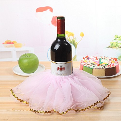 Haperlare 3pcs Elegant Red Wine Bottle Cover Tulle Wine Bottle Skirt with Glitter Gold Brims for Wedding Party Baby Shower Christmas Birthday Cake Dessert Table Decorations,Pink - Thumbnail 2