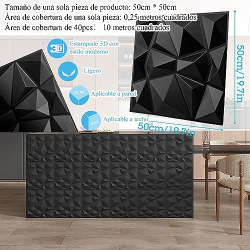 40PCS Paneles Decorativos 3D para Pared, 50x50cm Panel De Pared 3d, PVC Impermeable Papel Pintado 3D Decoracion Para oficina, casa, comercial(Negro Mate,10 m2 Cubiertos)