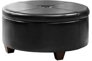 Homepop Home Decor | Upholstered Faux Leather Large Tufted Round Storage Ottoman | Button Top Ottoman with Storage for Living Room & Bedroom | Decorative Home Furniture, Black
