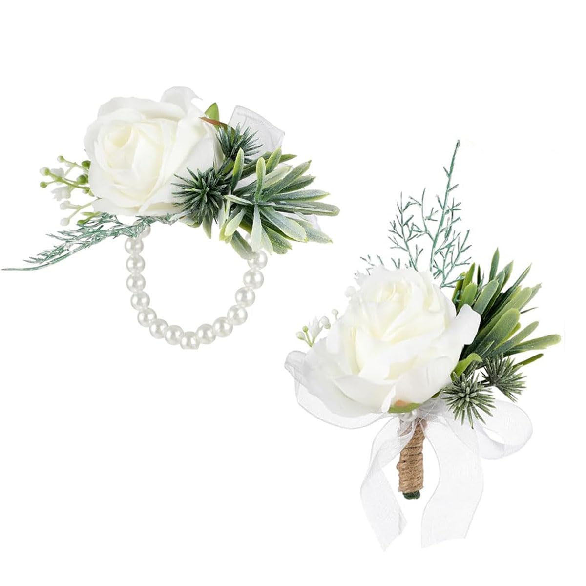 mkemka 2Pcs White Rose Ladies Wrist Flower and Men's Buttonhole Corsage Handmade Artificial Bracelet Button Holes Rose Flower Bracelet for Prom Bride Wedding Bridesmaid Boutonniere for Men