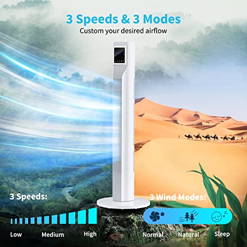 Tower Fan - Oscillating Tower Fan with 3 Speeds & Modes, LED Quiet Fan with Remote Control, 36 Inch Bladeless Tower Fan, 7.5H Timer, Space-Saving Standing Fan, Portable Fan for Bedroom Home Office