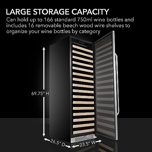 Whynter BWR-1662SD 166 Wine Bottle Built-in or Freestanding Stainless Steel Compressor Large Capacity Refrigerator Rack for Open LED Display, Black-166, Black
