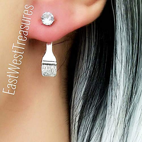 Silver Artist Paint painter brush and palette earring-Paint Brush Jewelry gifts for women teens-Steel