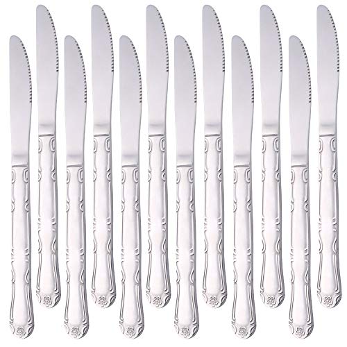 BUY&USE 8.5 Inch Dinner Knives Table Dinner Knife Stainless Steel Rose Pattern Flatware Set Pack of 12 for Restaurant Catering Commercial Quality Silverware Dinnerware Set
