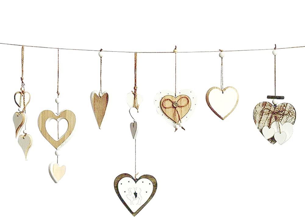 Pack of 7 Decorative Heart Hangers Wooden Heart Pendants Wooden Hearts Window Decoration Window Hanger Wedding Decoration Room Decoration Wall Decoration Wooden Decoration Gift for Living Room Window