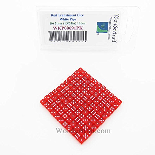 Red Translucent D6 Dice with White Pips 5mm (13/64in) Pack of 120 Wondertrail