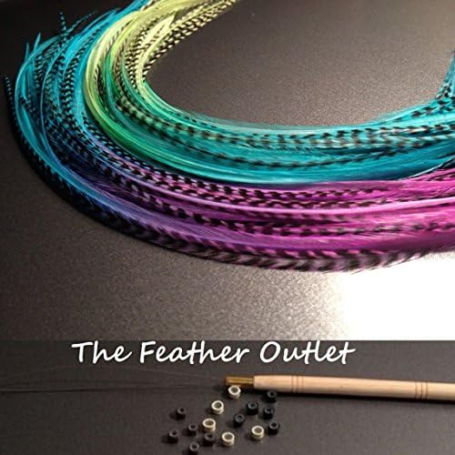 20 Hair Feathers and Beads, 100% Real Rooster Feather Hair Extensions, Long Grizzly, Real Tie Dye Ombre MIX KIT