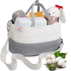 BIBSYBABY Diaper Caddy Baby Basket – 100% Cotton Rope Diaper Basket with 2 Pockets, Handle Locker and Removable Shoulder…