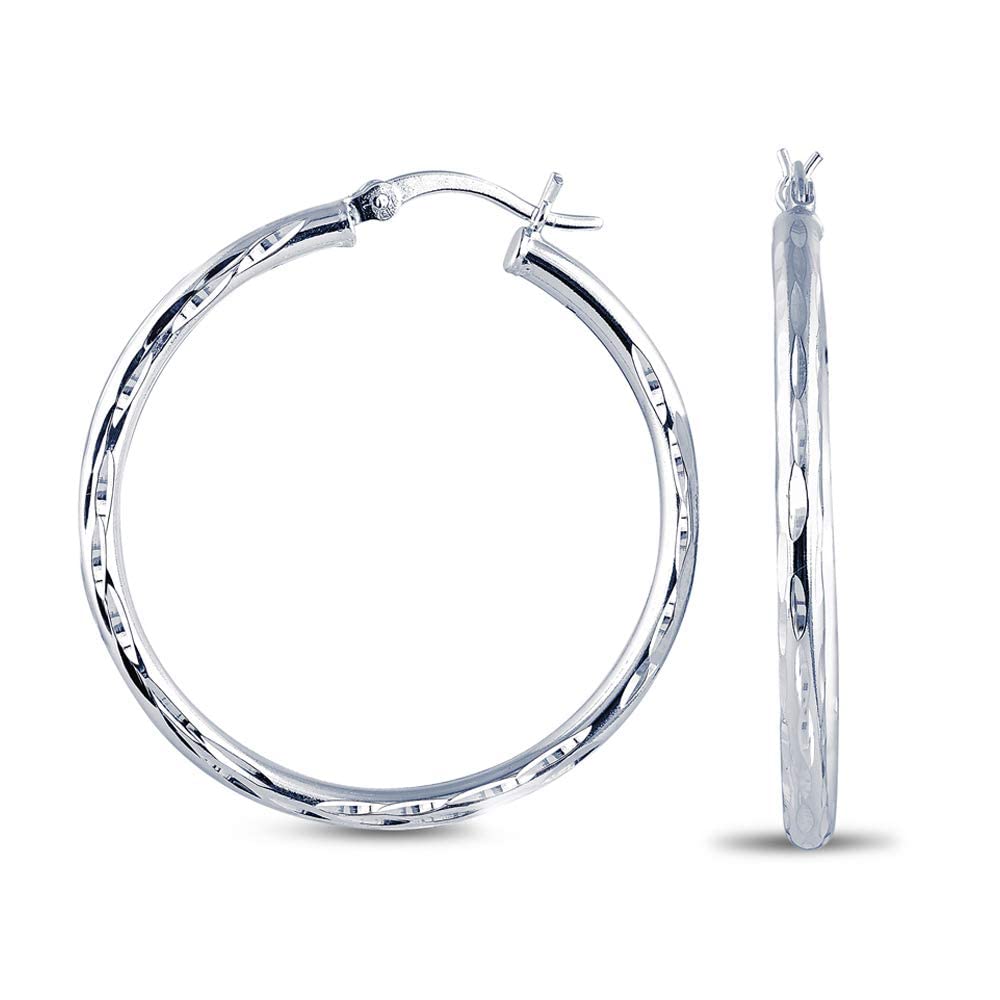 Charmsy 925 Sterling Silver Elegant 925 Sterling Silver Diamond Cut Hoop Earrings for Women - 925 Silver Click-Top Hoop Earrings | Women's Round Hoops Earring 30mm