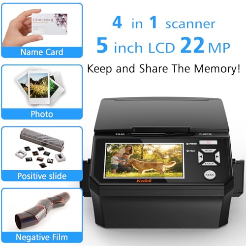 Scanner 4-en-1 Diapositives et Négatifs, Scanner Photo 22MP avec Écran LCD 5", Convertit 135/110 Films/Négatifs/Photos en JPEG Numérique, Carte SD 8Go Incluse