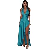 Zymhae Long Ruffle Satin Halter Prom Dresses with Slit Hi-Low Formal Evening Party Gown 2026