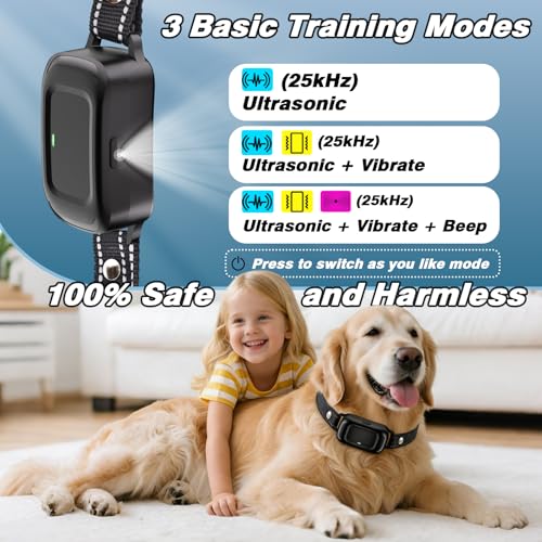 Anti Barking Collars, Dog Collar with Ultrasonic&Beep&Vibration Modes,Non-Shock Anti Barking Device for Medium Large Dog,IPX7 Waterproof,Rechargeable Stop Barking Dog Deterrent Device