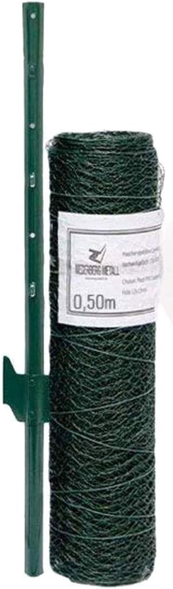 Wire Netting Fence + Metal Fence Posts | Hexagonal Chicken Wire Height 0,5m | Mesh 13x13mm | Roll 25m | Incl 20 Fence Posts Poles Height 80cm | Green PVC Coated Fencing for Animals and Plants