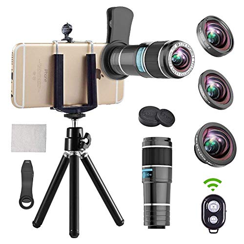 Phone Camera Lens, 4 in 1 Cell Phone Lens kit, 12x Telephoto Lens + 0.65x Wide Angle Lens + Macro Lens + Fisheye Lens,Clip-On Lenses for iPhone Android Smartphone with Tripod+Shutter Remote