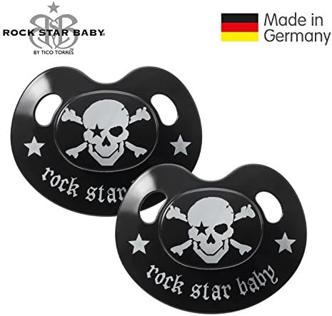ROCK STAR BABY® by Tico Torres, Slimline Silicone Baby Soother, 2 Pack, Pacifier with travel cover - Size 3 for 18+ months - Pirate black