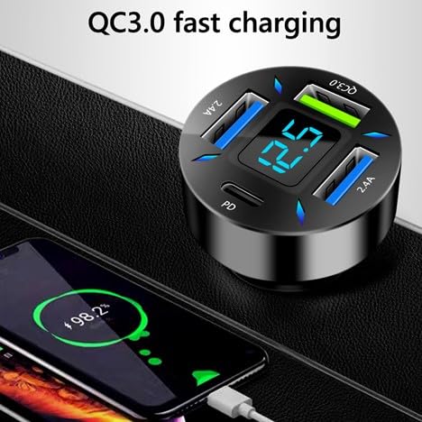 RDRKR 66W 4-PORT CAR CHARGER – PD & QC 3.0 FAST CHARGING CIGARETTE LIGHTER ADAPTER, DUAL TYPE-C + DUAL TYPE-A PORTS COMPATIBLE WITH IPHONE, ANDROID & TABLETS