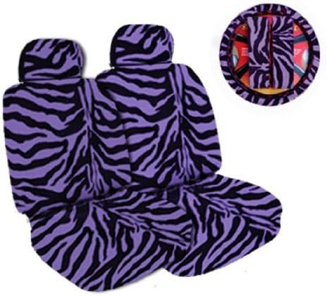 7-Piece Safari Animal Print Auto Interior Gift Set - 2 Purple Zebra Front Bucket Seat Covers, 2 Purple Zebra Headrest Covers, 1 Purple Zebra Steering Wheel Cover, and 2 Purple Zebra Shoulder Harness Pressure Relief Covers