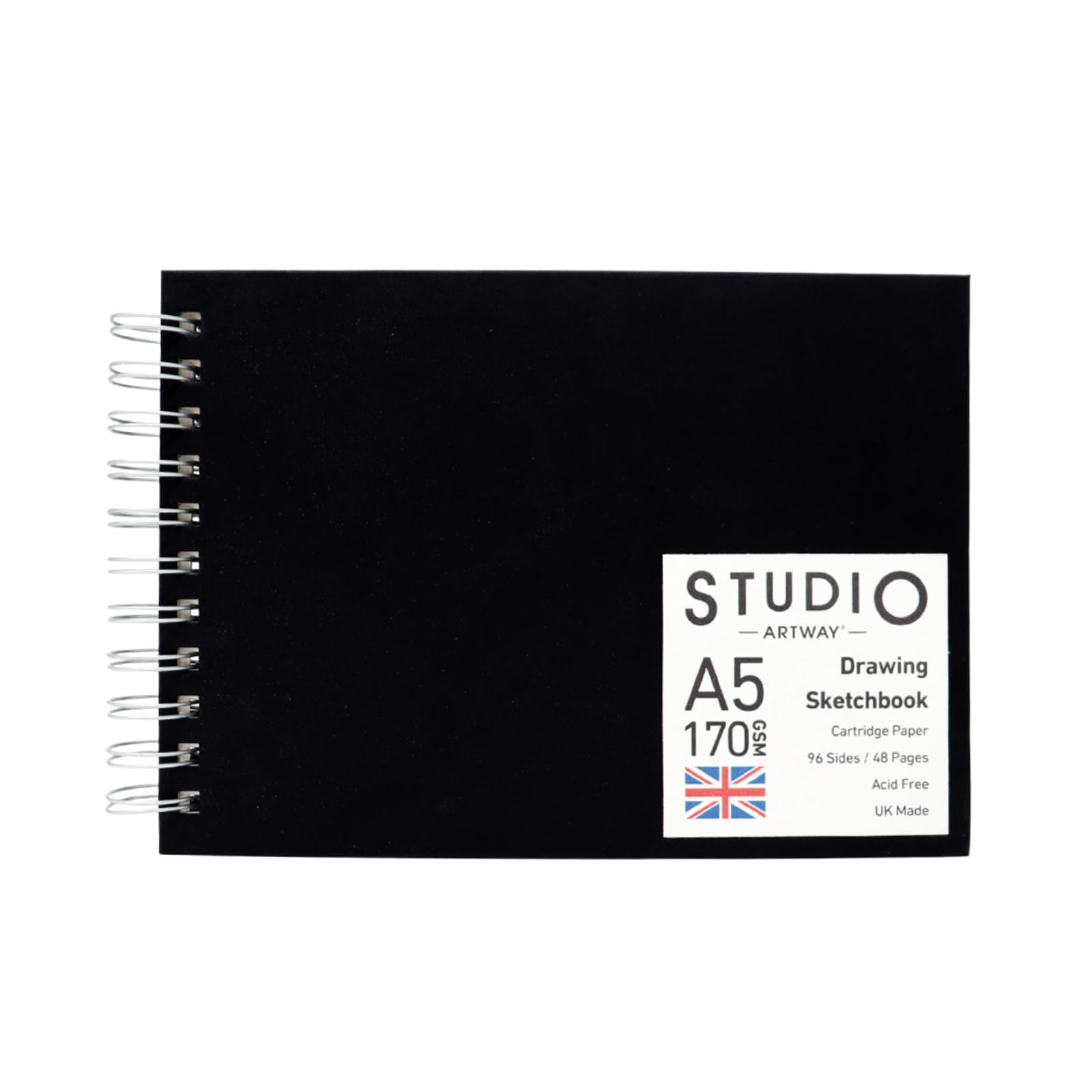 Artway Studio A5 Spiral Bound Sketchbook - Landscape - 48 Pages (96 Sides) of 170gsm Cartridge Paper - Black Hardcover Drawing Pad for Sketching, Drawing & Illustration