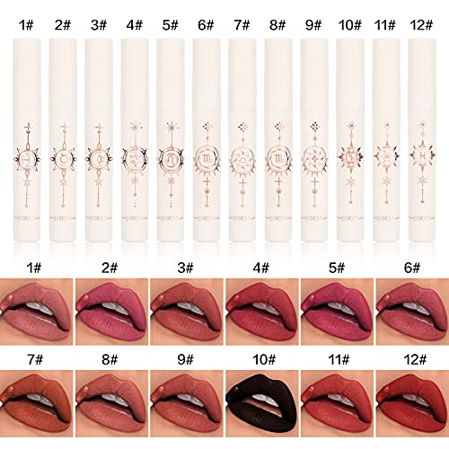 12Pcs Astrology Matte Liquid Lipstick Set Long Lasting Waterproof Red and Black Lip Gloss Makeup