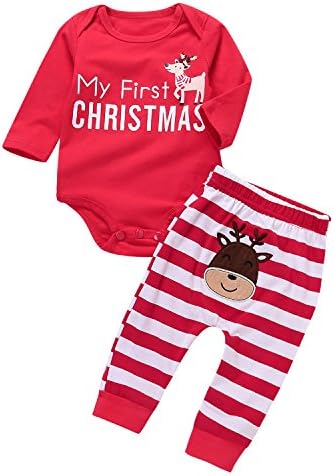 2 Pcs Christmas Clothes Set Baby Boys Girls Reindeer Cotton Romper+ Striped Pants Outfits Homewear (Red, 12-18 Months)