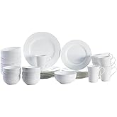 Mikasa Delray 40-Piece White Dinnerware Set, Service for 8, Durable Porcelain Plates, Bowls, and Mugs, Dishwasher and Microwave Safe