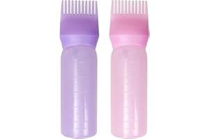 Aruicheng Root Comb Applicator Bottle 6 Oz Hair Oiling Applicator Bottle Hair Dye Bottle Applicator Brush with Graduated Scale Hair Oil Applicator 2 Pack Pink, Purple