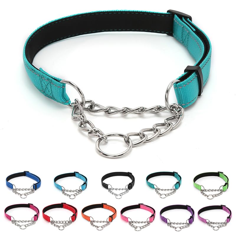 LOS ANDES Dog Choke Collar Martingale with Limited Chain, Soft Padded No Pull, Reflective Training Collars for Large, Medium and Small Dogs(L:Neck 45-65cm,Green)