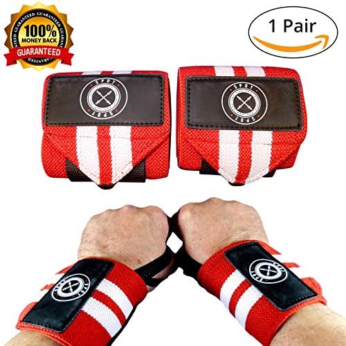 Wrist Wraps (Professional Quality) Spot Lion Fitness: Powerlifting, Bodybuilding, Weight Lifting Wrist Supports for Weight Training - Red with White Stripes