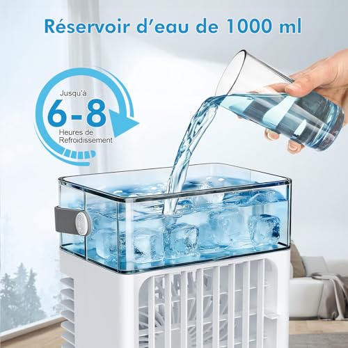 3-in-1 Mini Portable Air Conditioner, 1L Water Tank, 4 Adjustable Speeds 3 Timers, Built-in RGB Light, Silent Mobile Air Conditioner with Remote Control for Home, Office