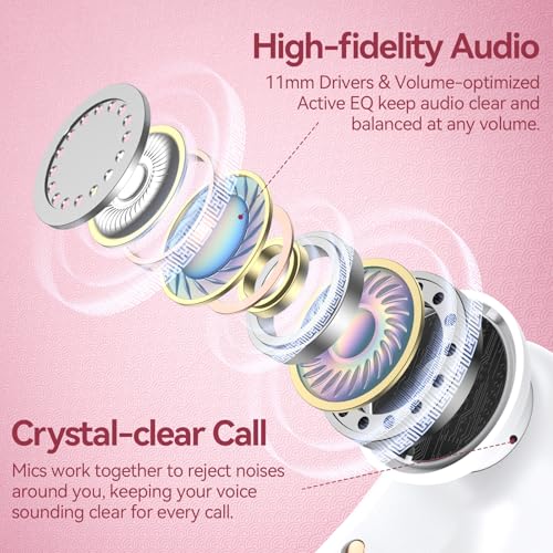 Active Noise Cancelling Ear Buds Wireless Earbuds 80H Playtime Bluetooth Headphones Over Ear Hooks Earphones with Power Display Case Hi-Res Stereo & Clear Calls for Sports Running Gym Workout Rouge
