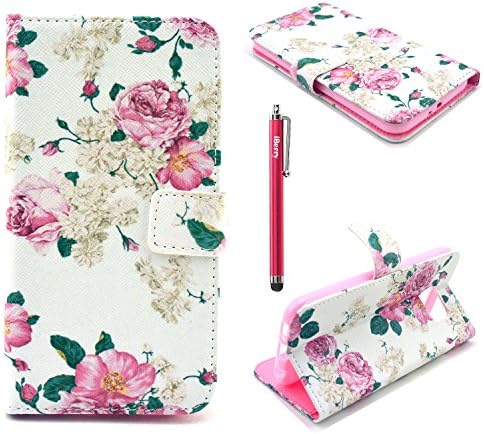 S6 Case,Galaxy S6 Wallet Case,iBerry Pink Flowers Pattern PU Leather Protective Skin Phone Case for Samsung Galaxy S6 / Galaxy SVI / Galaxy S VI (2015) (Built-in Credit Card/ID Card Slot) with Stylus Pen
