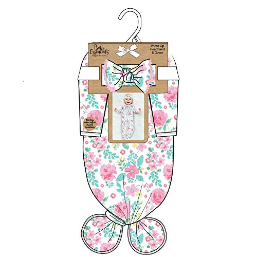Coming Home Outfit for Baby Girl Newborn - Fall/Winter Knotted Infant Sleeper Gown with Headband (Tropical Flowers)