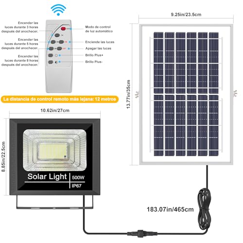 Sunsign 500W Luz Solar Exterior Jardin,IP67 Lámpara Solar con Control Remoto, 294 LED 8000 lumens Lámpara de Inundación Solares, 6500K Regulable Iluminación Exterior Luces
