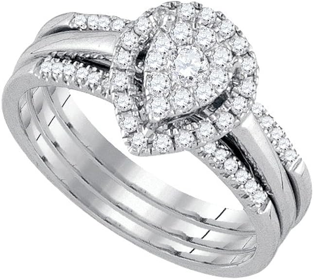 14k White Gold Round Diamond Teardrop Cluster 3Piece Bridal Wedding Engagement Ring