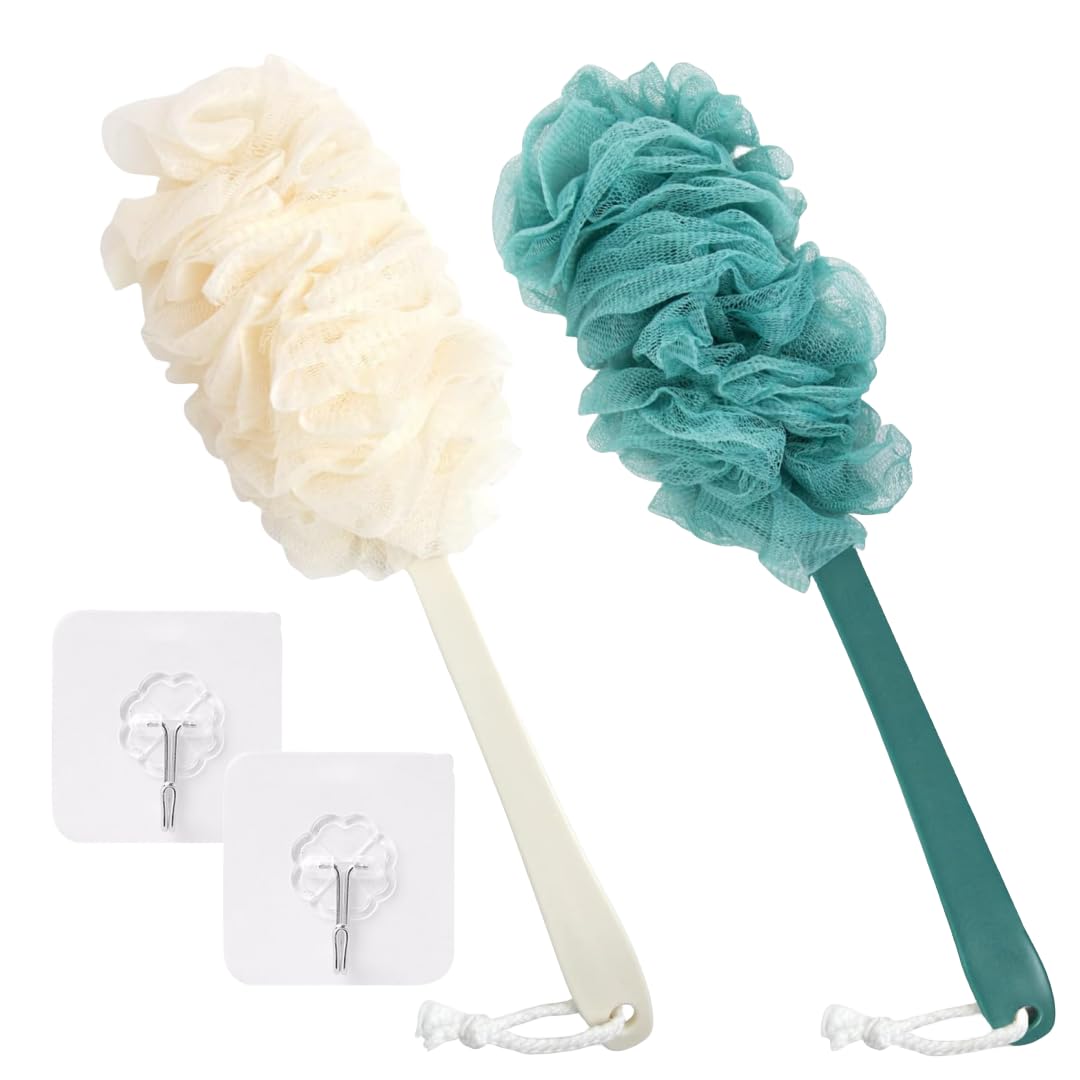 MEETOZ 2Pack Back Scrubber for Shower, Loofah Sponge Brush Exfoliating Body, Long Handle Scrub Brush for Shower with Loofah on a Stick for Back Use, Bathing Accessories Body Brushes