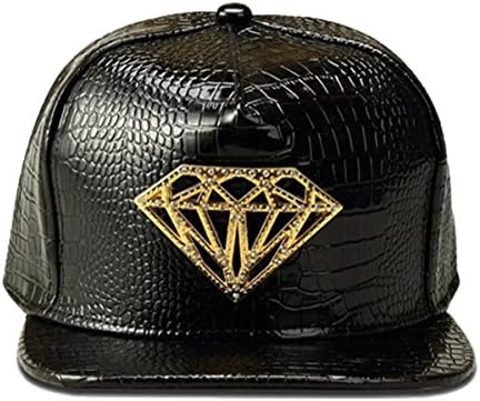 Cameinic HipHop Alligator PU Leather Diamond Logo Tag Cap Flat Bill Hat Black