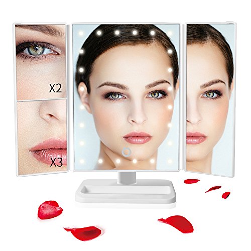 Sunba Youth Makeup Vanity Mirror with 24 LED Lights Touch Control Adjustable 180° Rotation Portable 3X/2X Magnification Mirrors for Girl Women